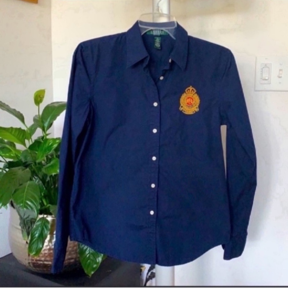 Lauren Ralph Lauren Crest Embroidered Logo button down Shirt/Top Sz S Navy Gold